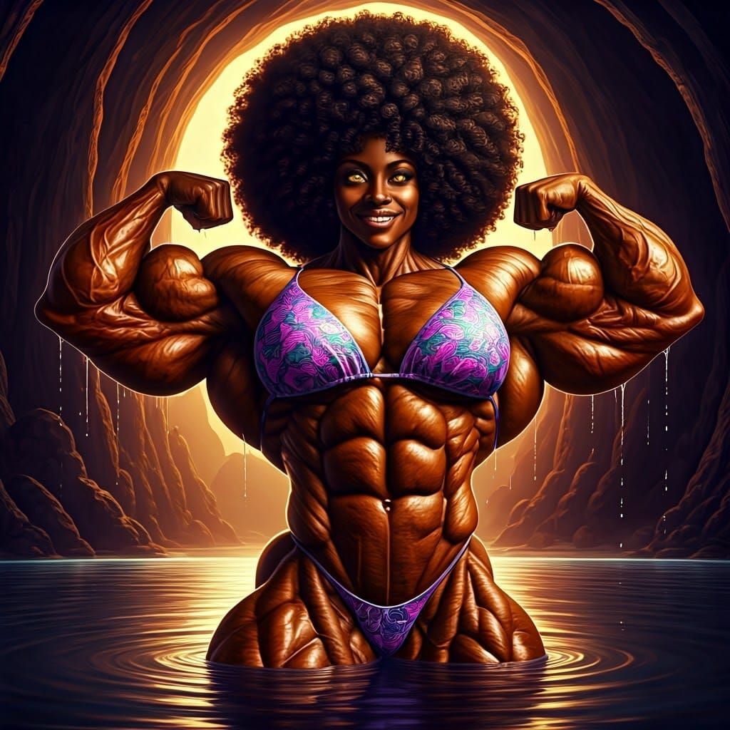 Hyper-Defined African Bodybuilder in Grotto Pool