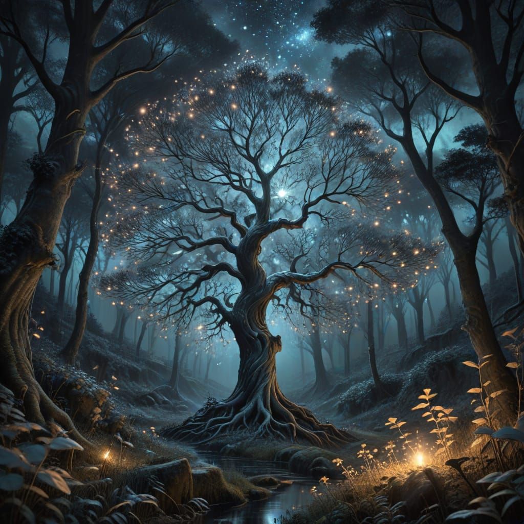 Ethereal Tree of Light: Surreal Charcoal Drawing