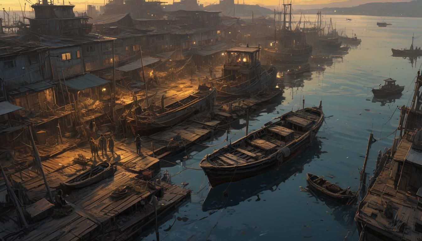 Steampunk Post-Apocalyptic Fishing Dock with Sea Serpent