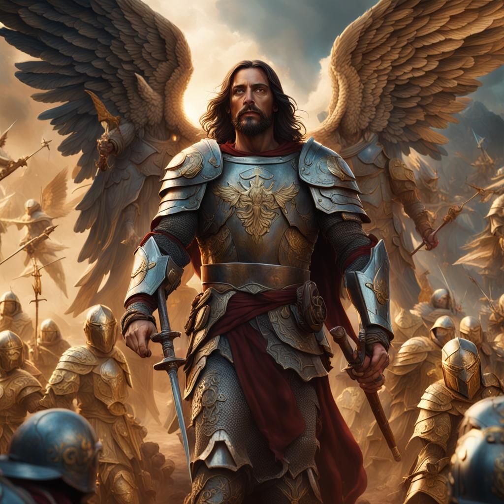 Jesus in Armor Surrounded by Angels