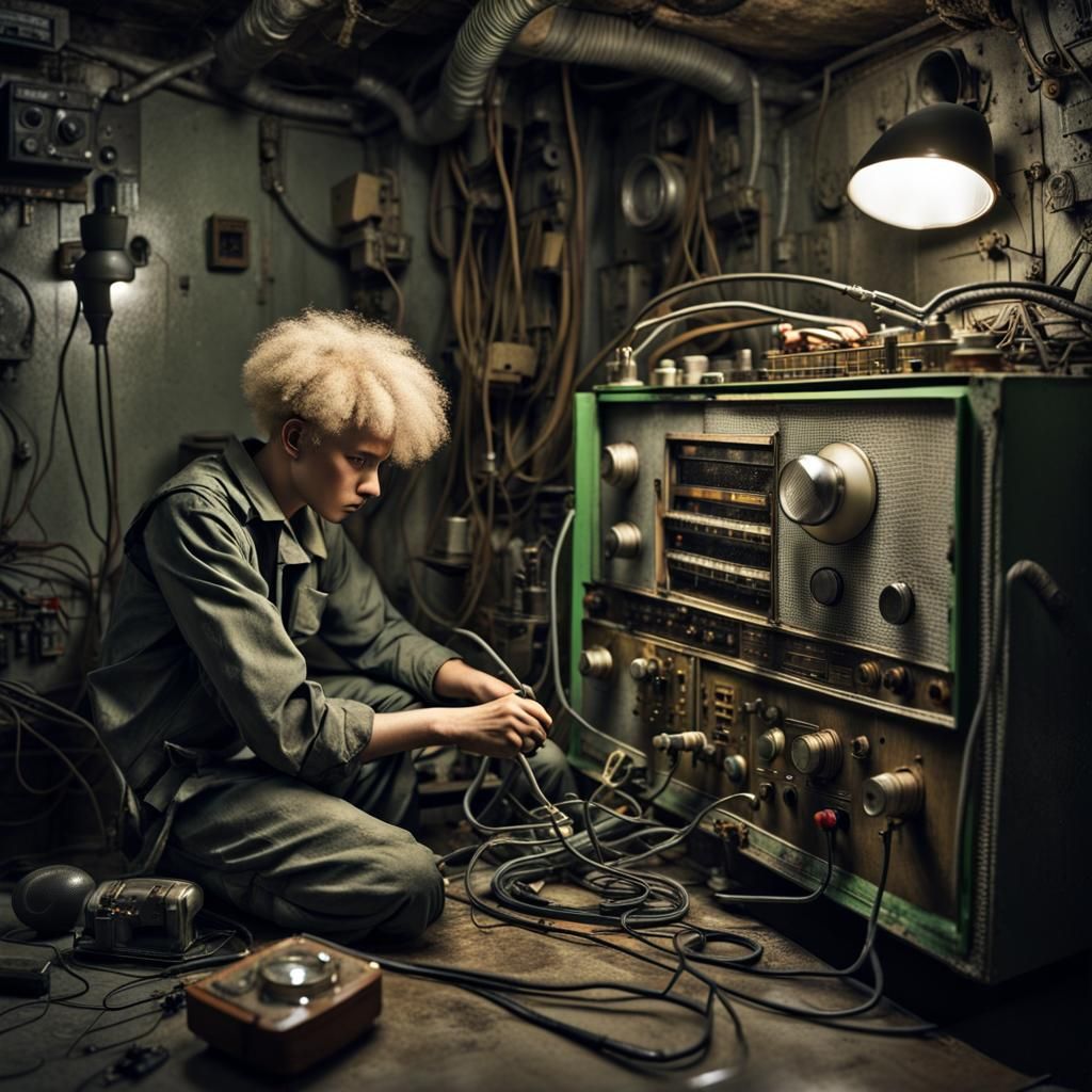 Hyperrealistic Boy Repairs Radio in Underground Room