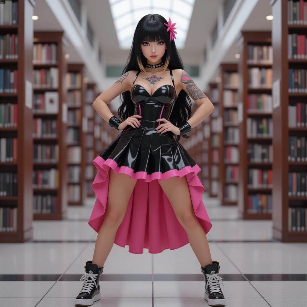 Anime Style Tattooed Woman in Tokyo Library