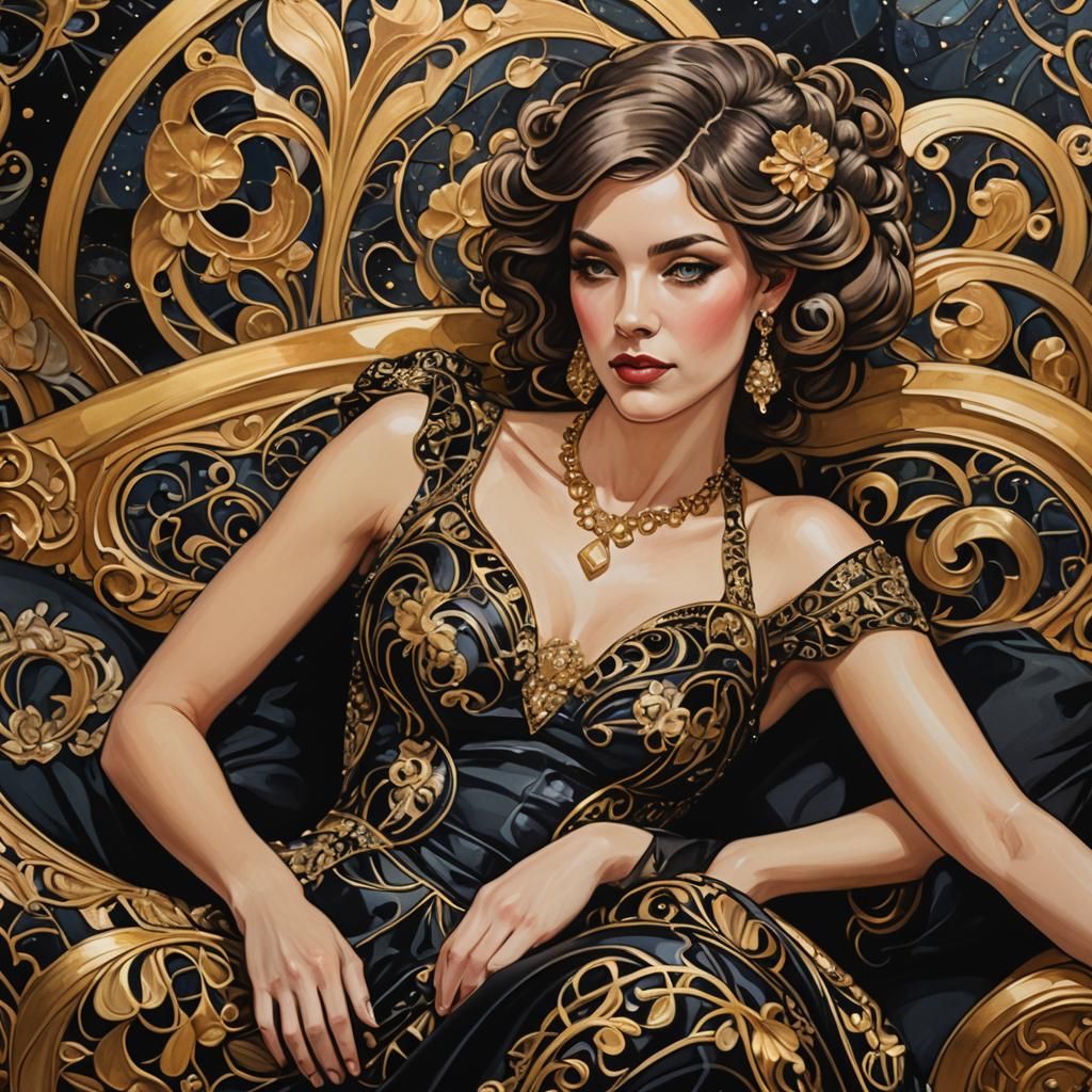 Art Nouveau Woman Lounging in Black and Gold