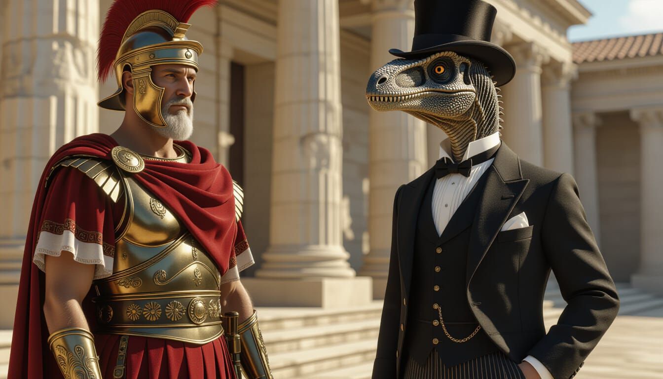 Roman Senator Meets Velociraptor in 1890s Attire