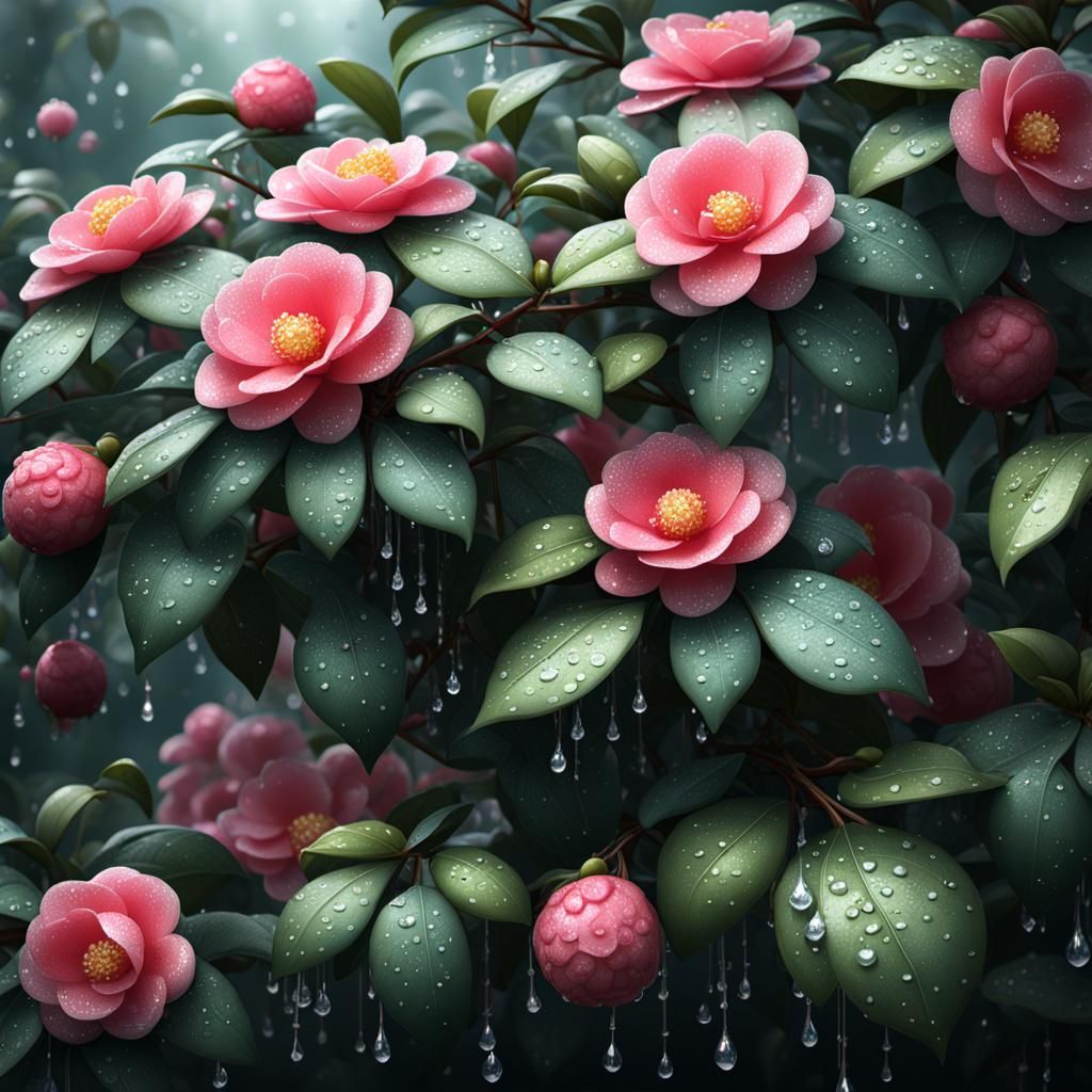 Camellia Bush in Morning Dew: Detailed Matte Painting
