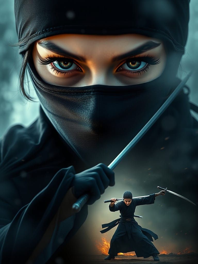 Surreal Samurai Goddess in Ninja Mask Reclines in Dramatic B...