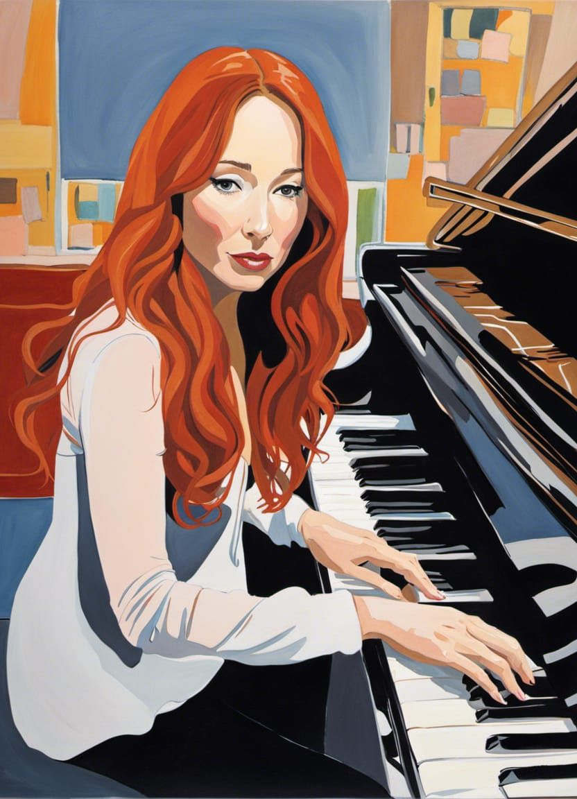Gouache Portrait of Woman Playing Piano