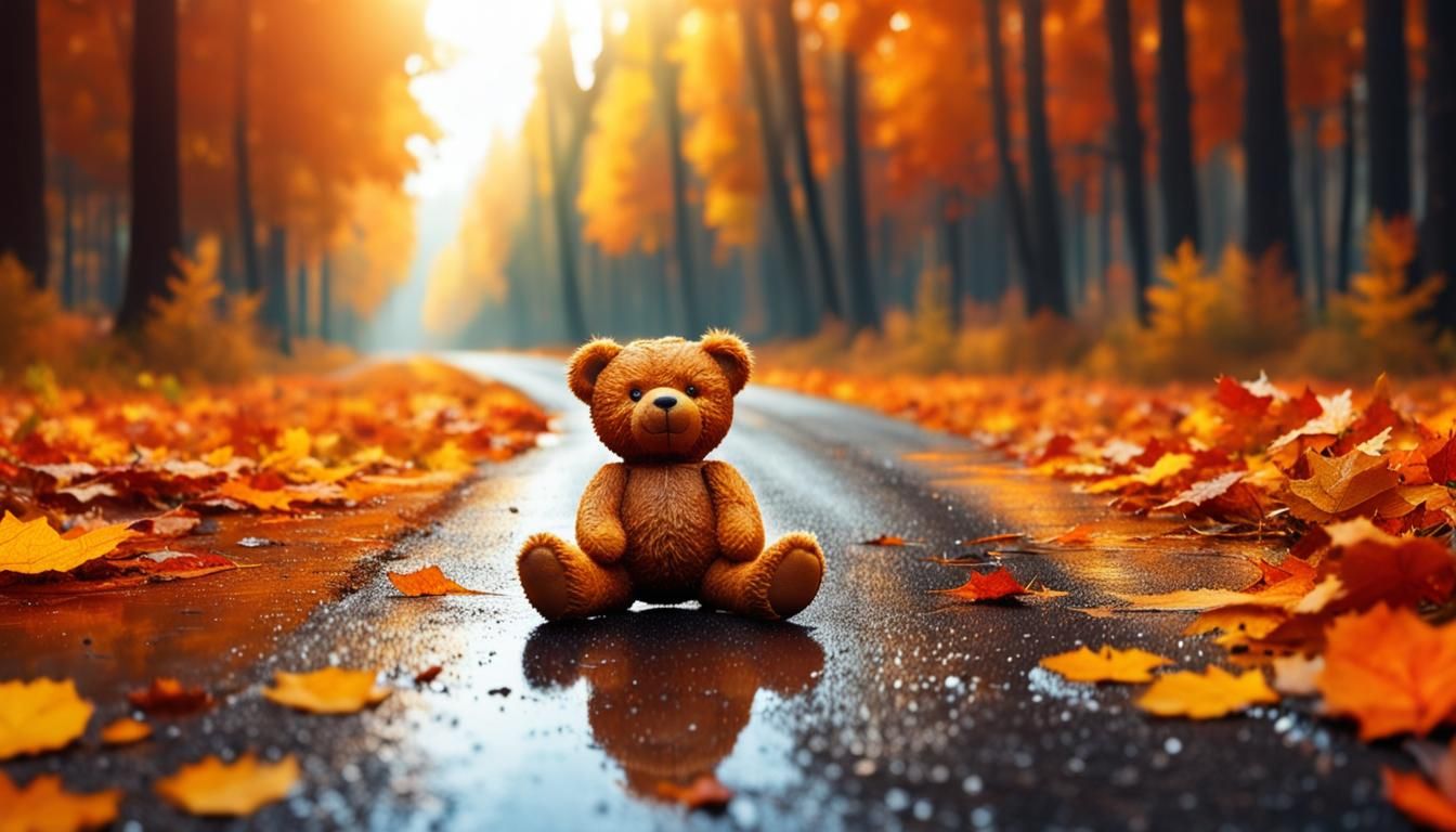 Orange Teddy Bear in Wet Autumn Forest
