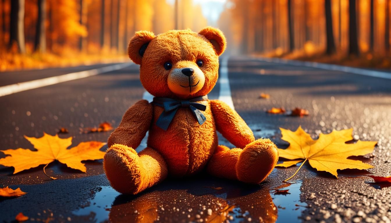Orange Teddy Bear in Autumn Forest, 8K