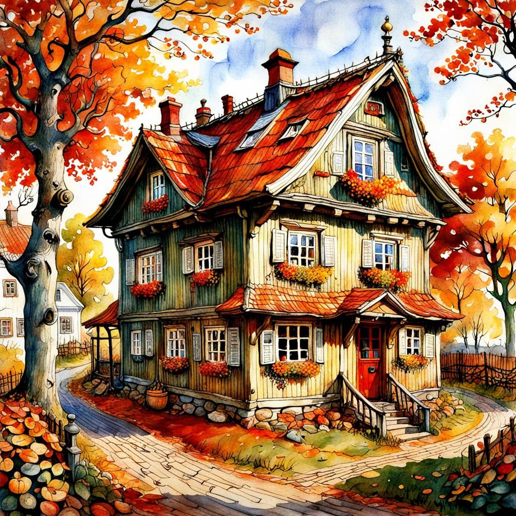 Cozy Crooked House in Autumn Scenery