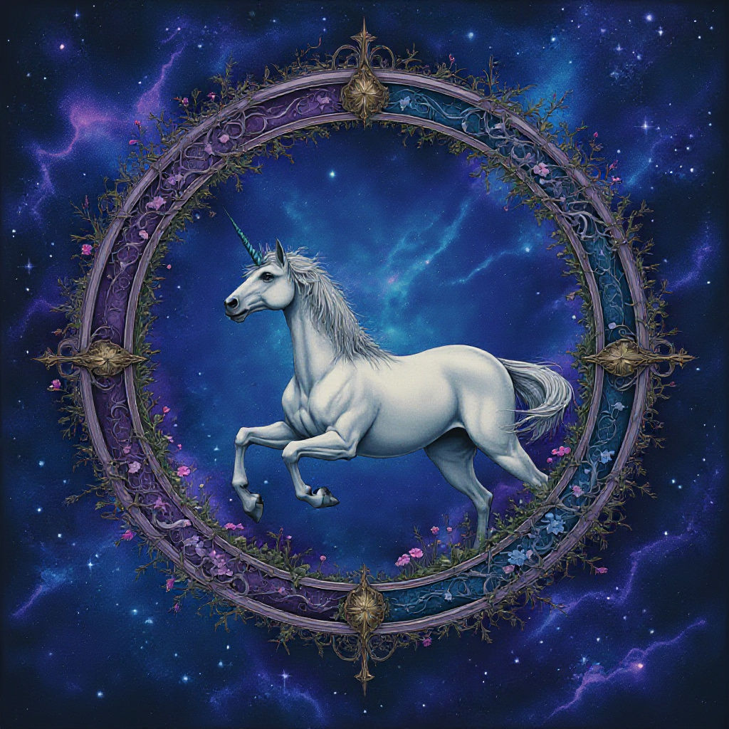 Cat Riding Unicorn Through Galaxy in Digital Art