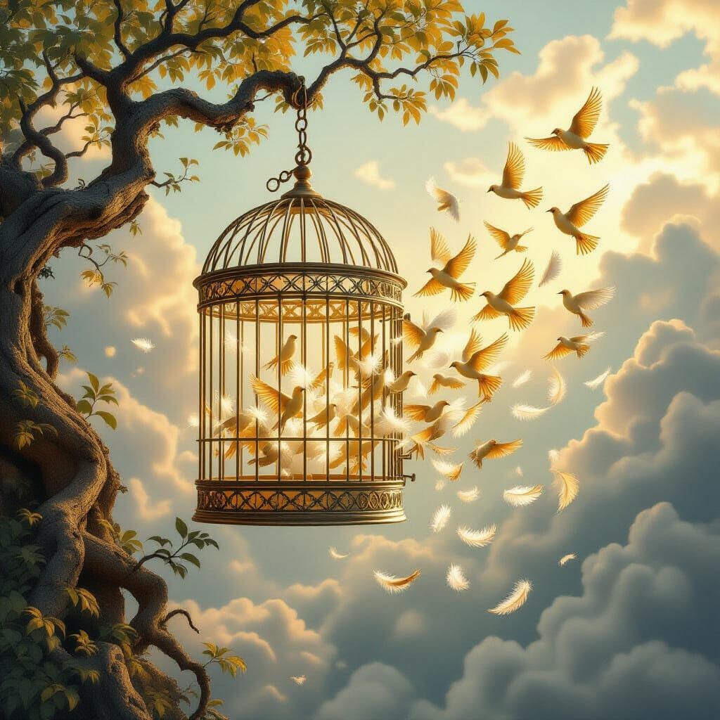 Freedom Unleashed: Birds Escape Vintage Cage