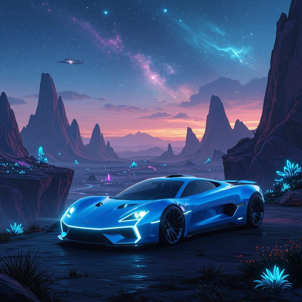 Futuristic Blue Sports Car Overlooking Alien Landscape