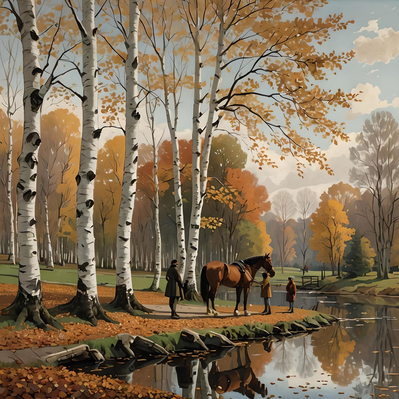 Nostalgic Grayscale Autumn Scene with Horse and Pond