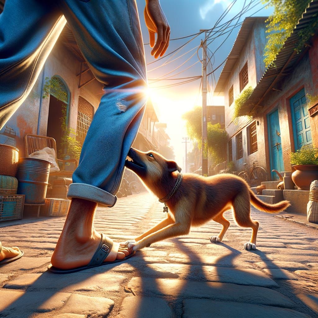 Sun-Drenched Indian Street Scene with Playful Dog