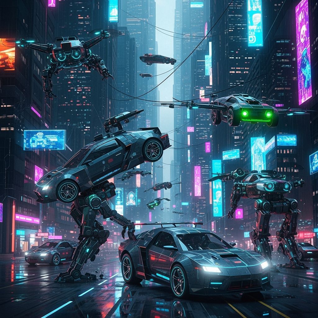 Cyberpunk Transforming Robots in Cityscape