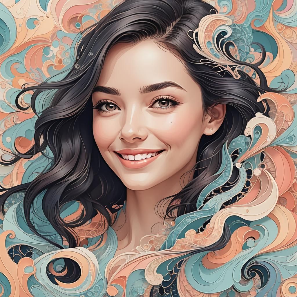Smiling Darkhaired Girl Illustration in Neo-Realism Style
