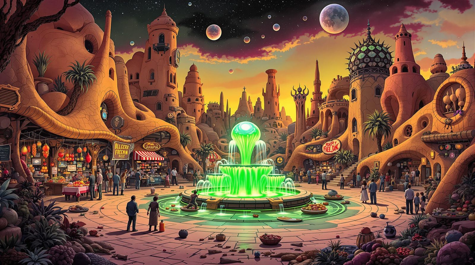 Futuristic Desert Marketplace with Neon Fountain