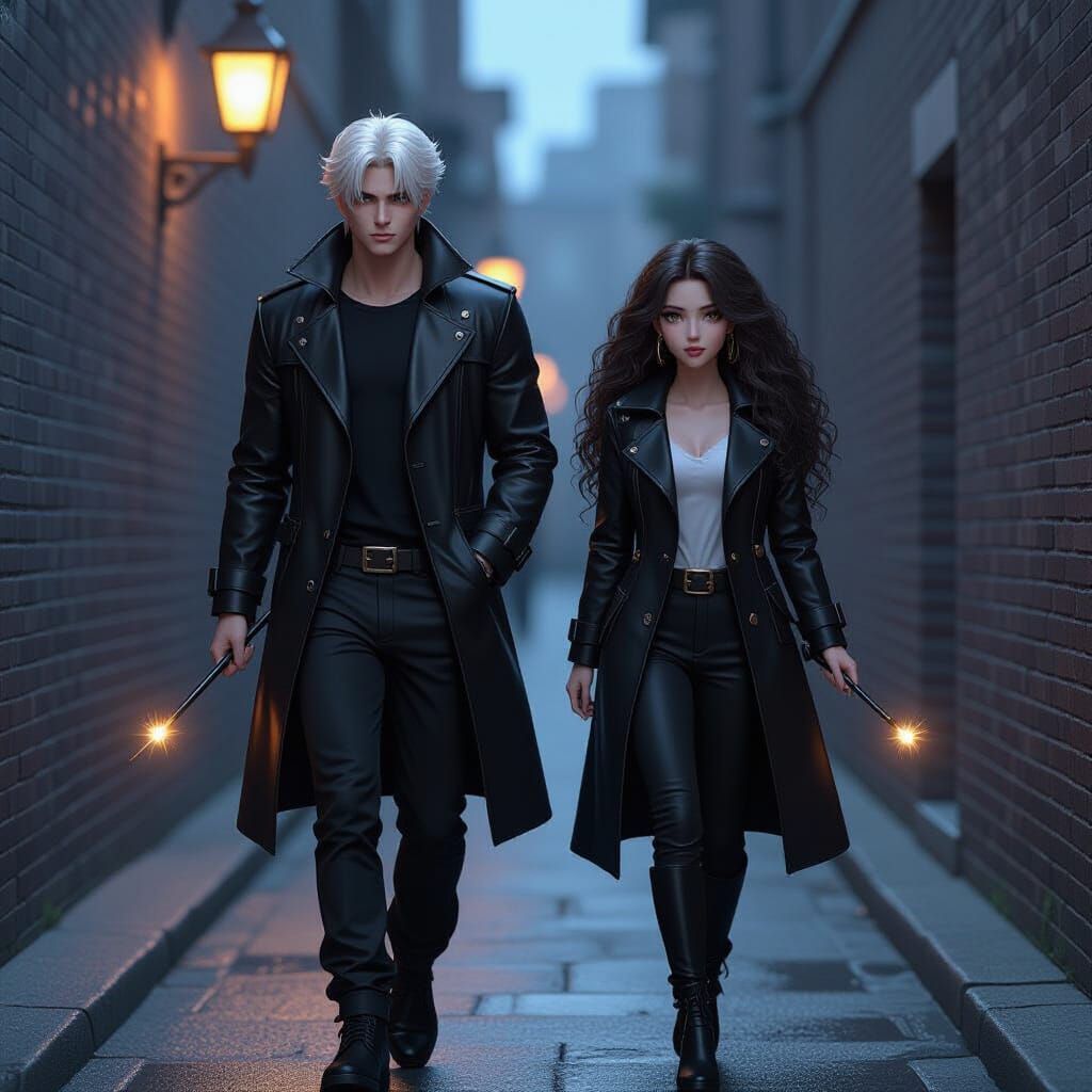 Anime Couple Walking with Wands in Dark Alley