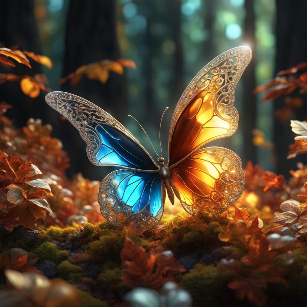 Shimmering Crystal Butterfly in Autumn Forest