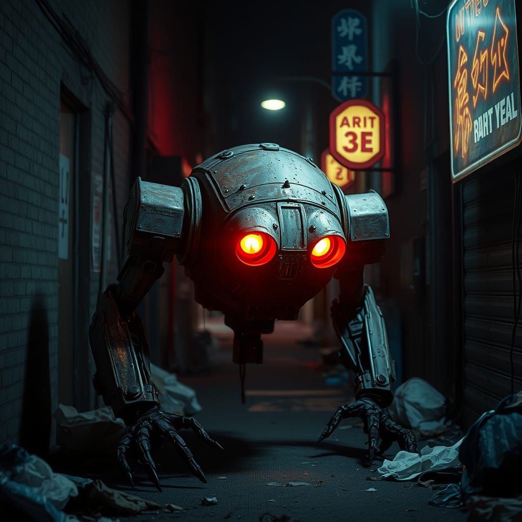 A decrepit, rusted robot lurks in a shadowy alleyway, its gl...