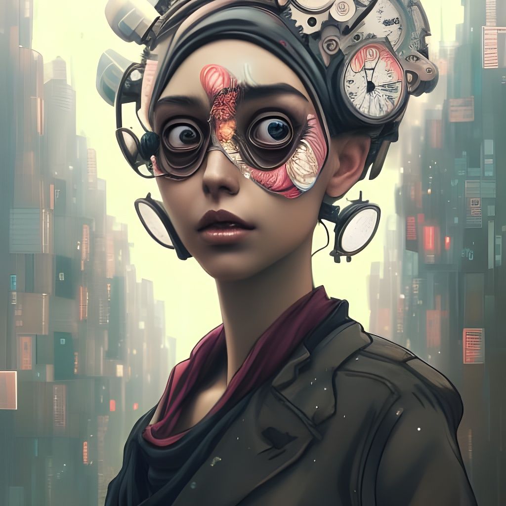 Anime Girl with Clock Eyes in Cityscape, Digital Art
