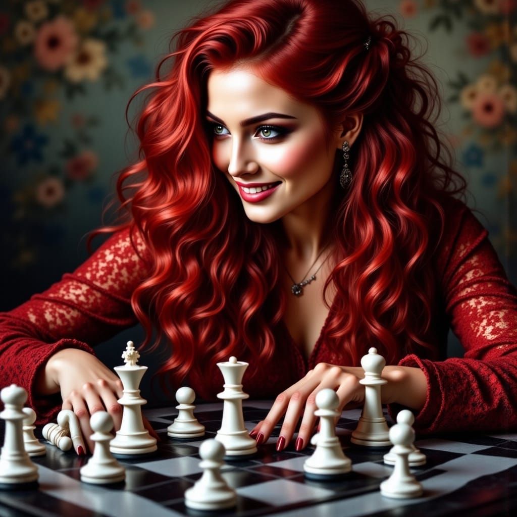 Beautiful Woman Playing Chess in Black and White