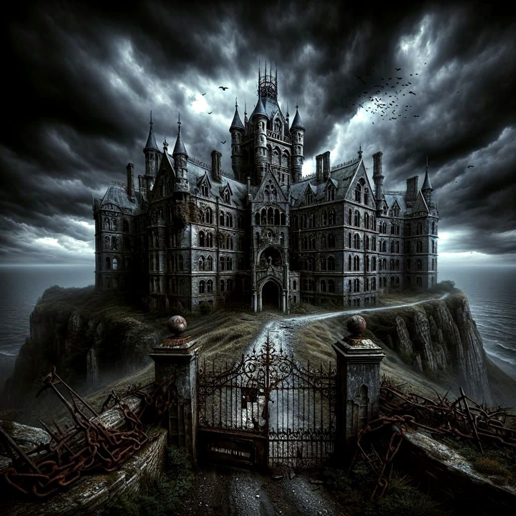 Forsaken Cliffside Asylum Under Stormy Sky