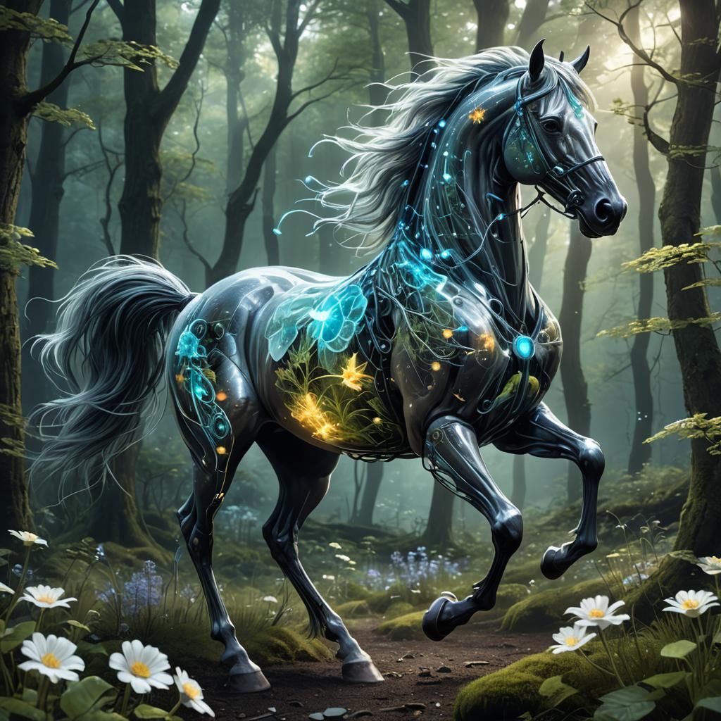 Bioluminescent Cybernetic Horse Runs Through Forest