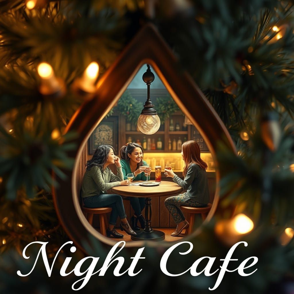 Una imagen hiperrealista en miniatura, dentro de un árbol de navidad, en forma de un bar con amigos...