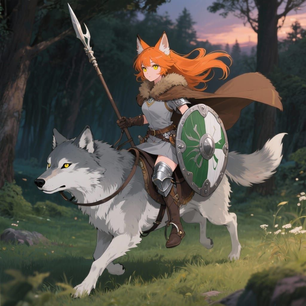 Anime Fox-Girl Warrior Riding Wolf with Spear