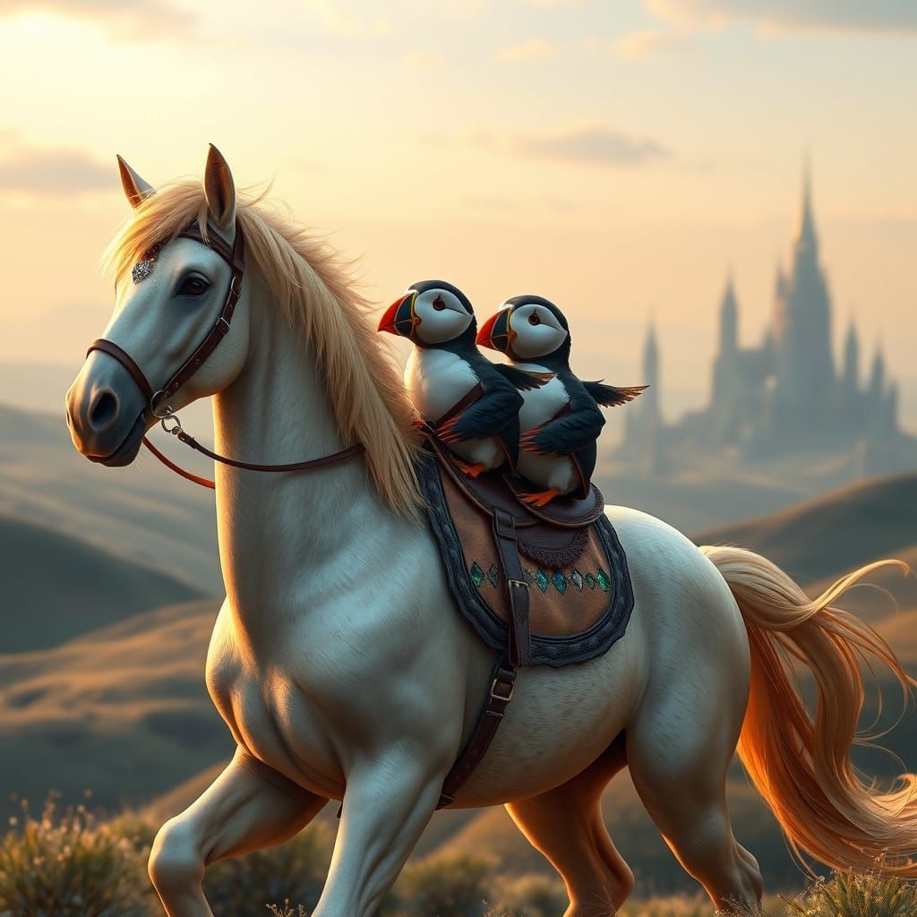 Puffin Riders on Majestic Opal Horse in Whimsical Landscape
