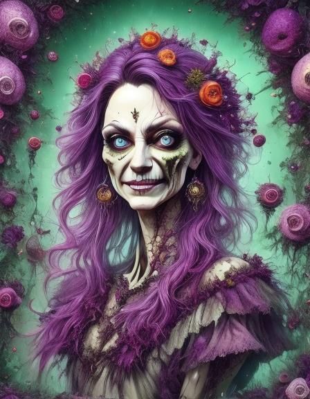 Green Zombie Woman Grinning in Whimsical Illustration