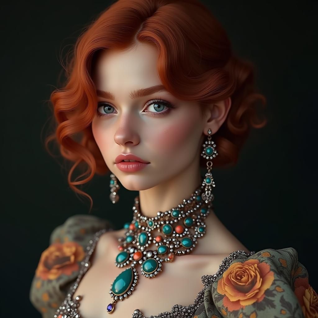 Detailed Portrait of Woman in Floral Gown, Digital Art