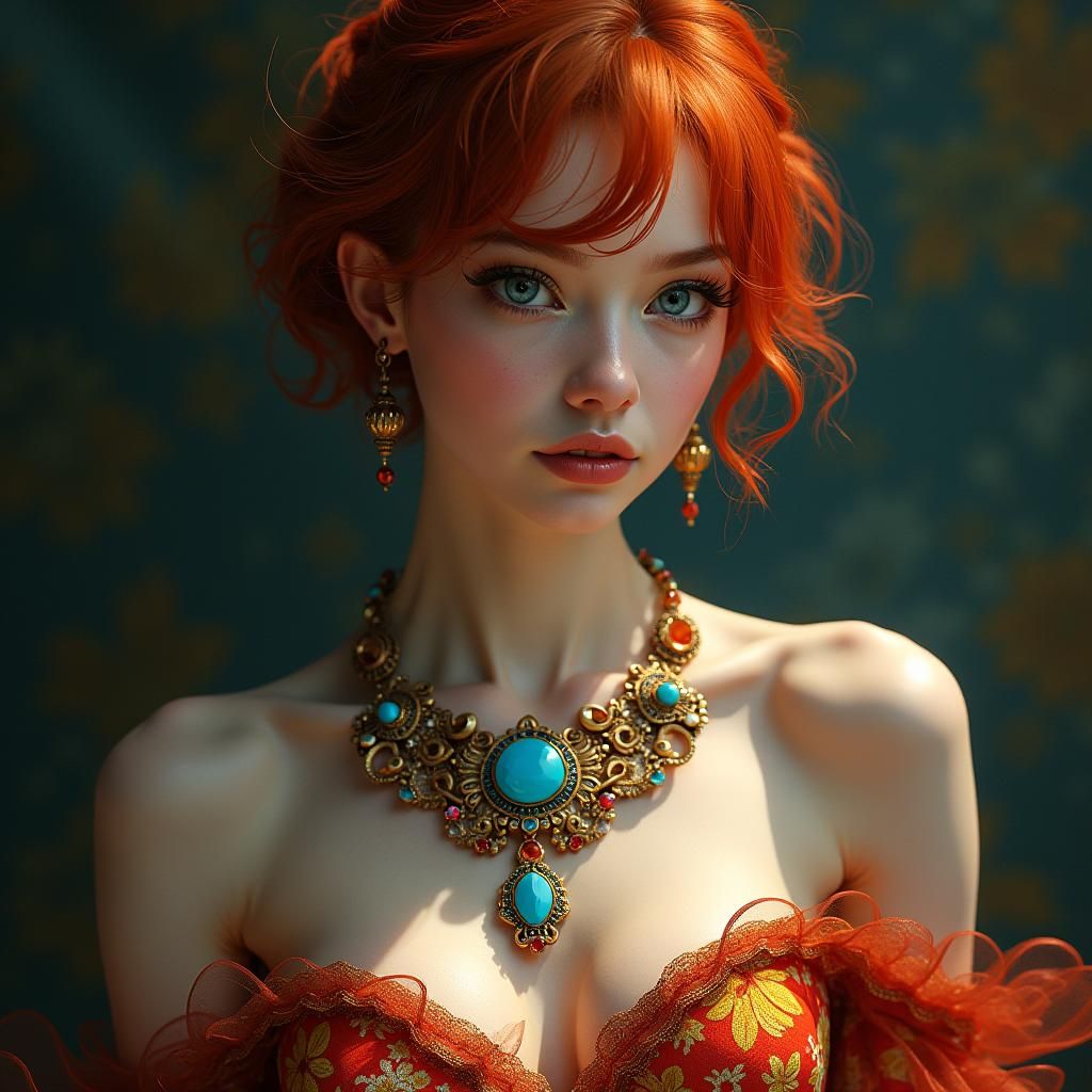 Ethereal Woman in Floral Gown: Digital Art Portrait