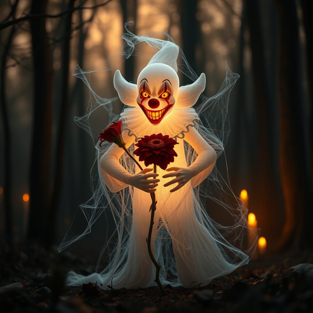 Ethereal Clown Spirit Radiates Warm Glow in Dark Forest