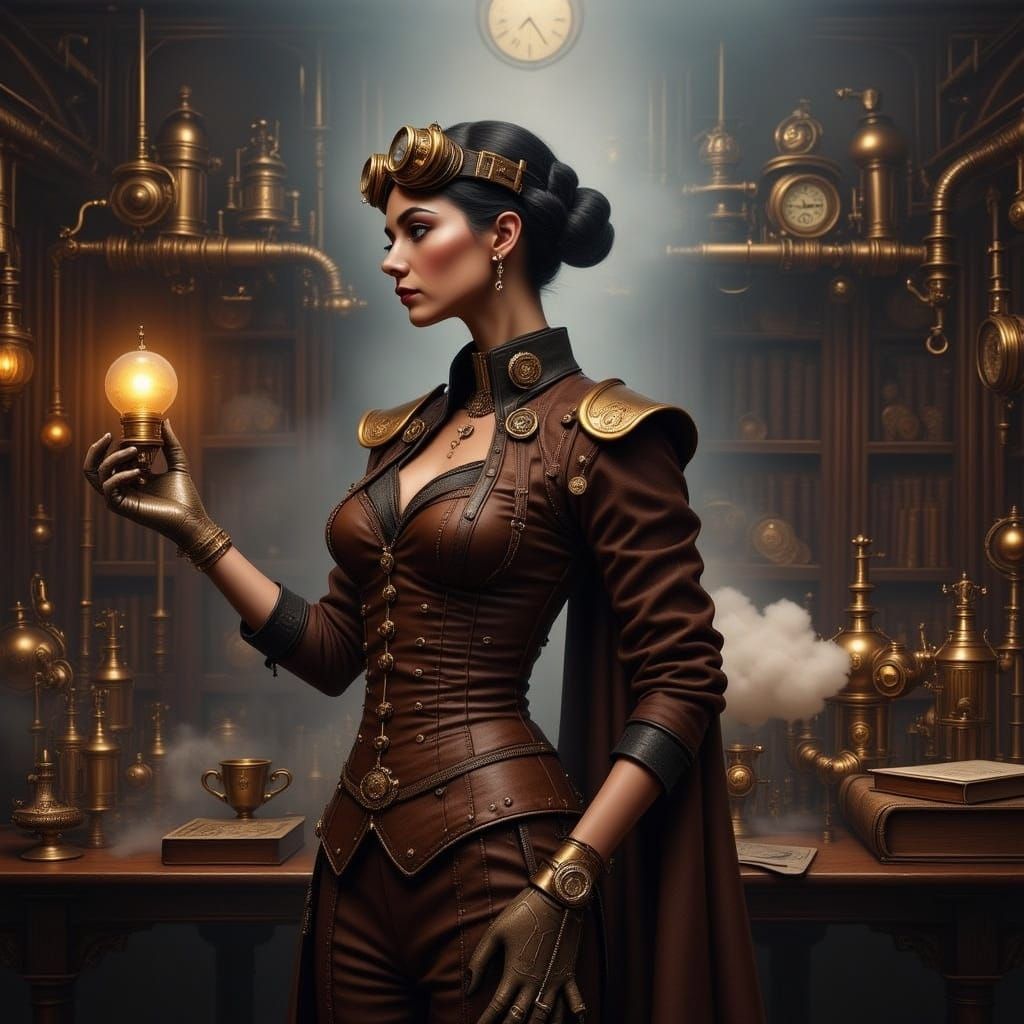 Steampunk Woman in Victorian-Era Study