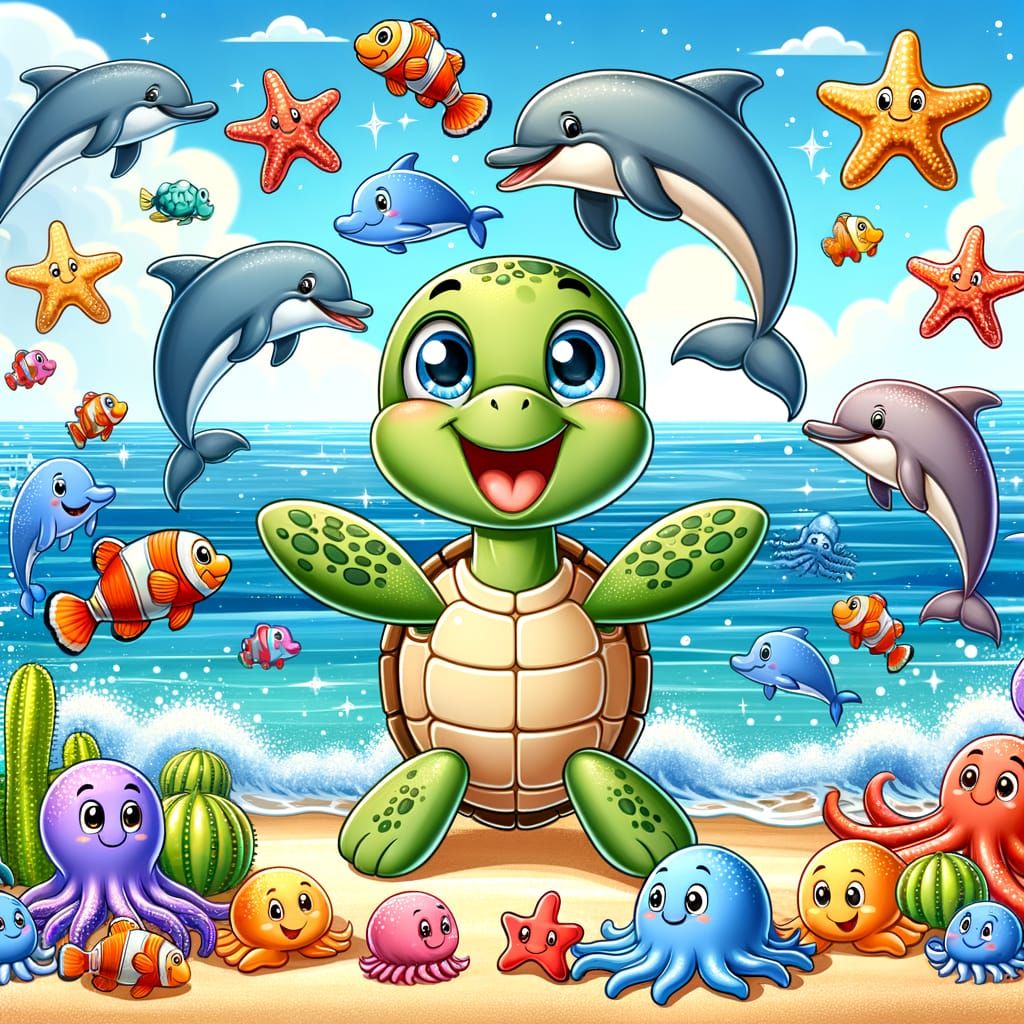 Turtle Surrounded by Marine Friends in a Joyful Beach Scene