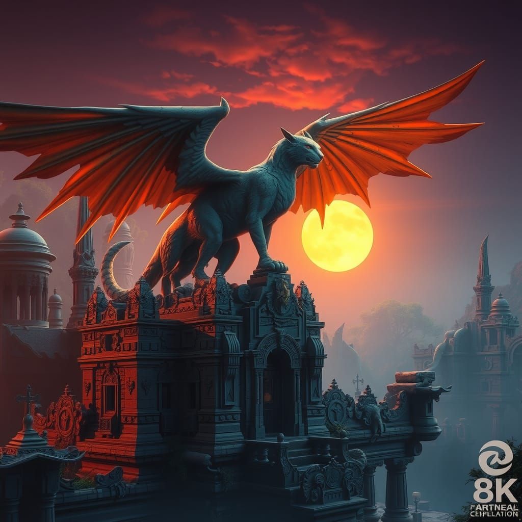 Griffinar on Crumbling Temple in Jungle Sunset