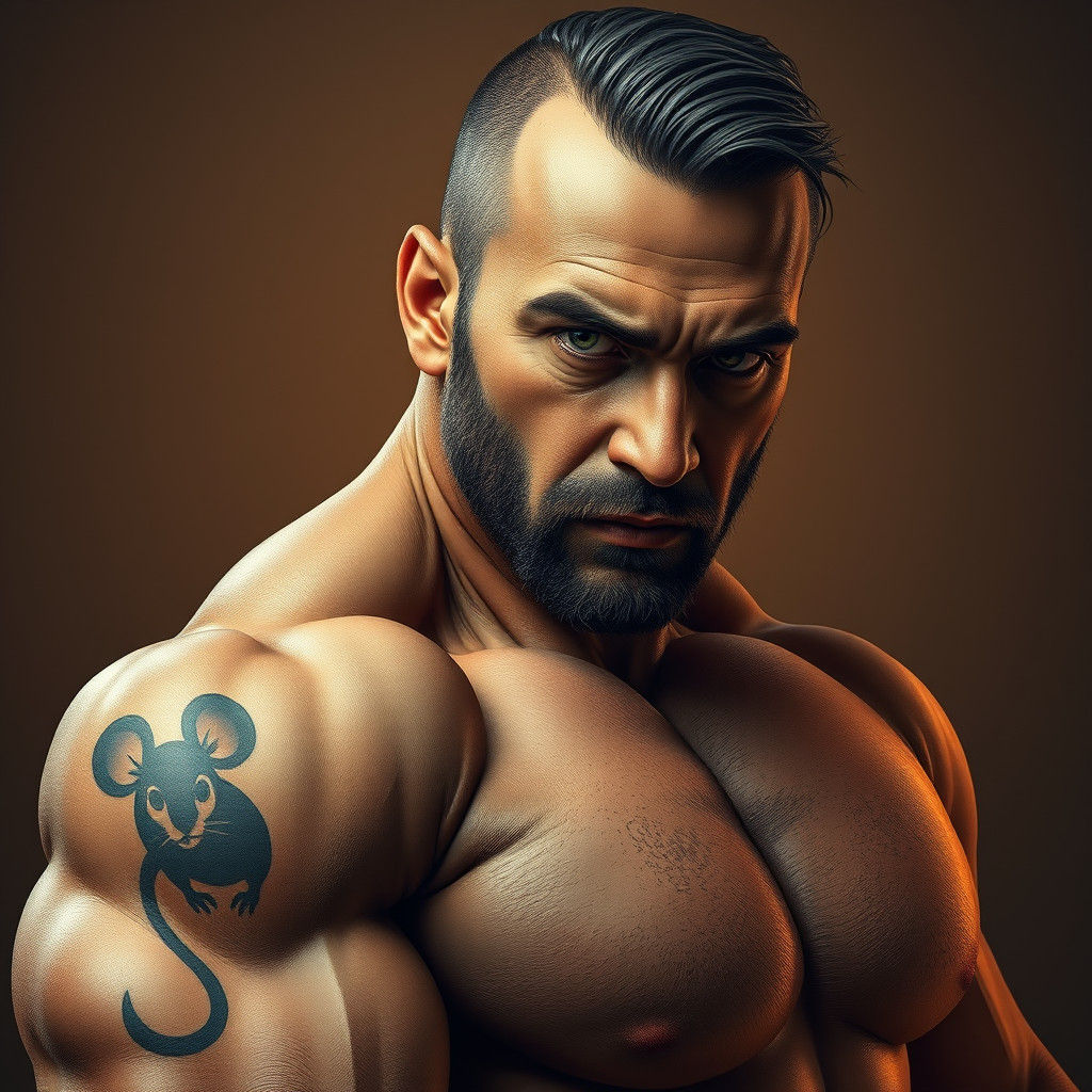 Handsome Man with Mouse Tattoo in Retro-Futuristic Style