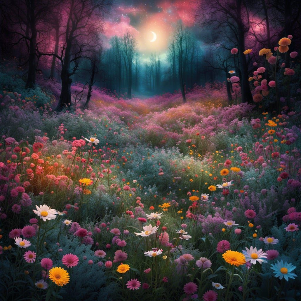 Eerie Moonlit Flowers in a Dark Forest