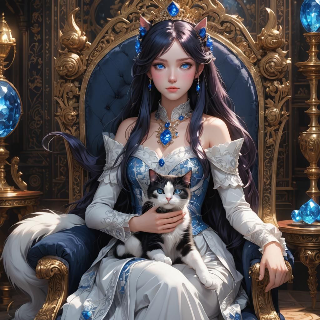 Anime Princess with Cat in Royal Chamber
