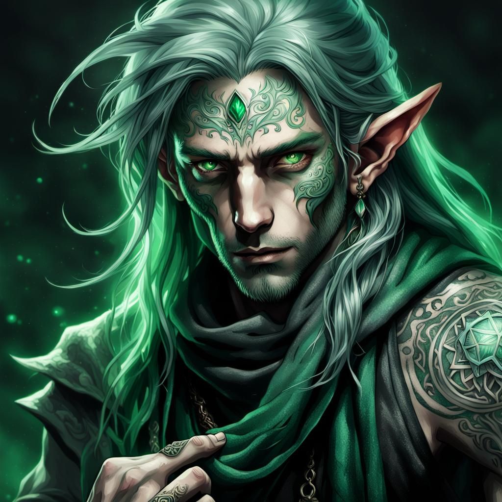 Mystical Grey Elf with Emerald Eyes: Dark Fantasy Art