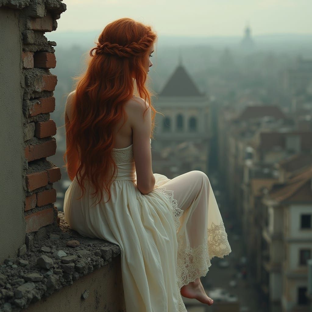 Girl on Ruined House Edge, Cinematic Film Still