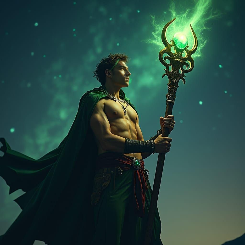 Mage with Magic Staff in Starry Sky