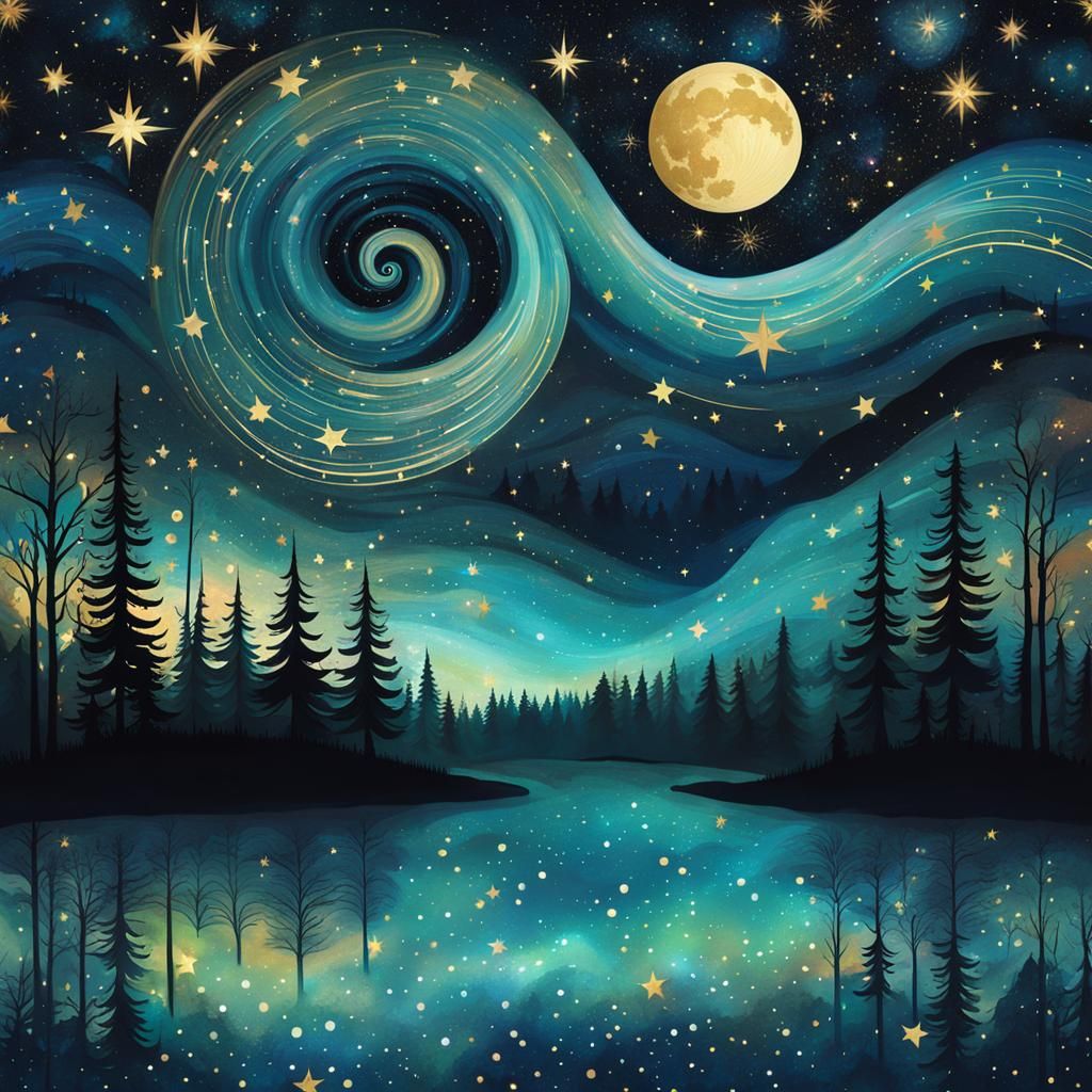 Swirling Starry Night Over Enchanted Forest