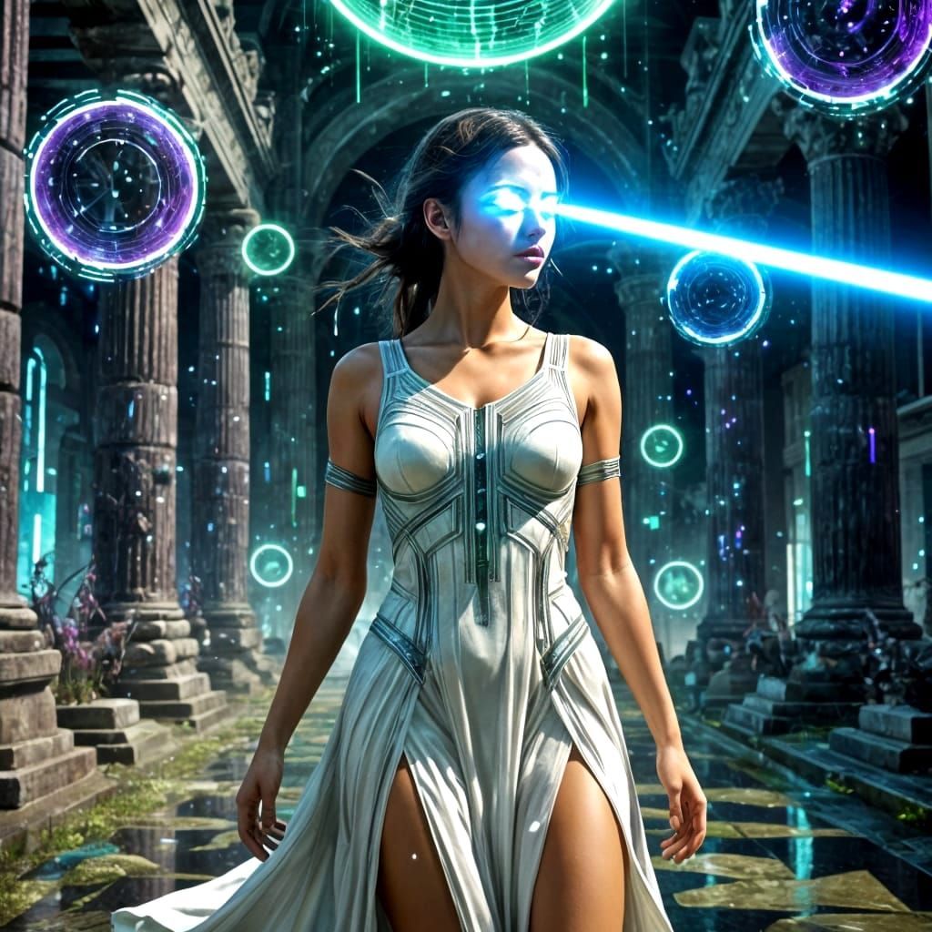 Goddess of Tech in Greek Temple, Glitchcore Digital Art