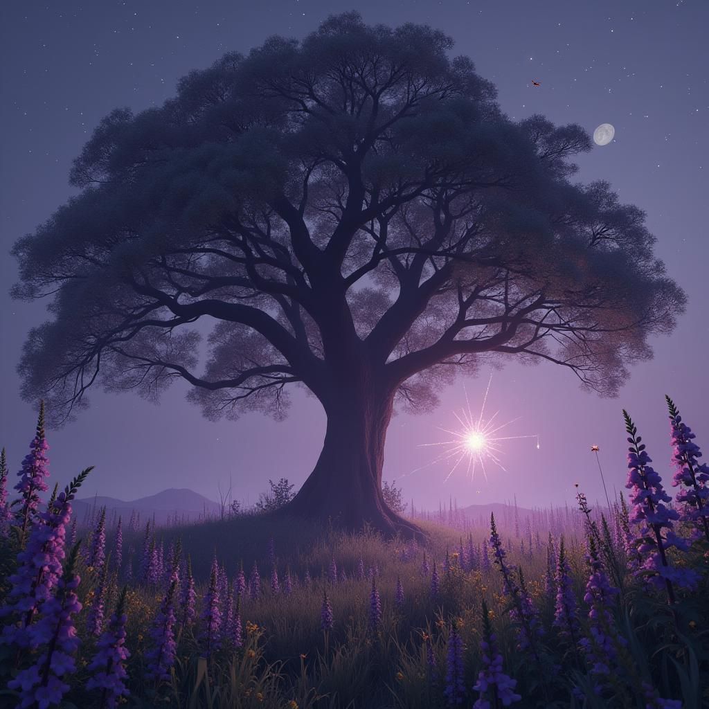 A beautiful oak tree with a sparkling spider spinning her we...