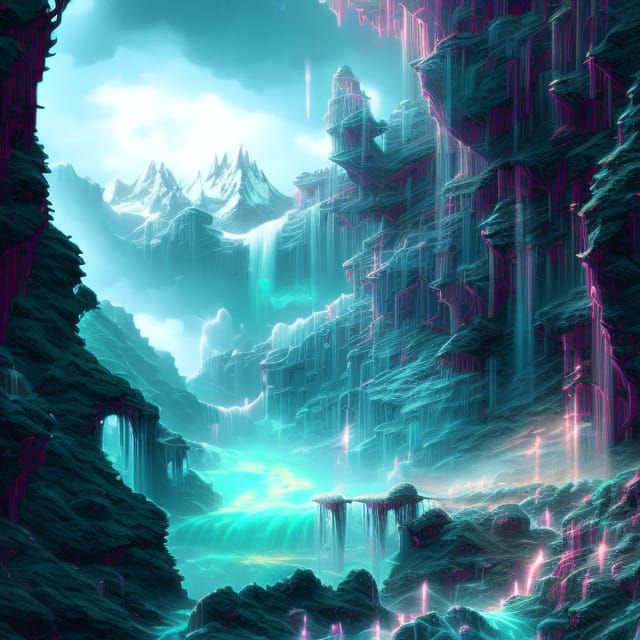 Waterfall and mountains WLOP Rafael Santi Dan Mumford digita...