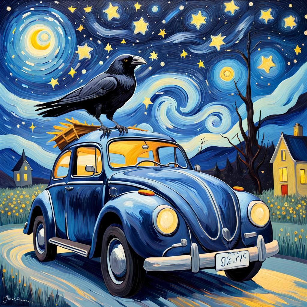 Crow and Beetle Under Starry Night Sky